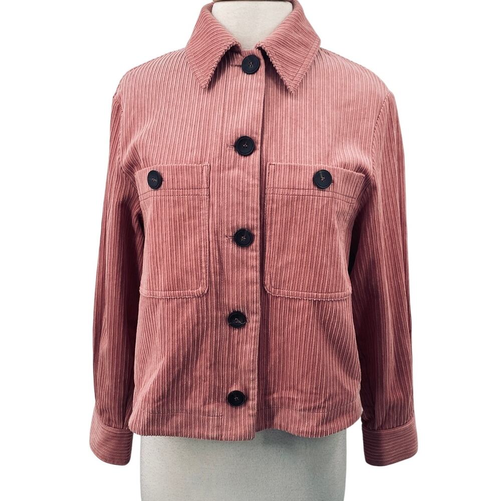 Zara Corduroy Trucker Jacket Button Front Collared Shacket Dusty Pink Womens XS